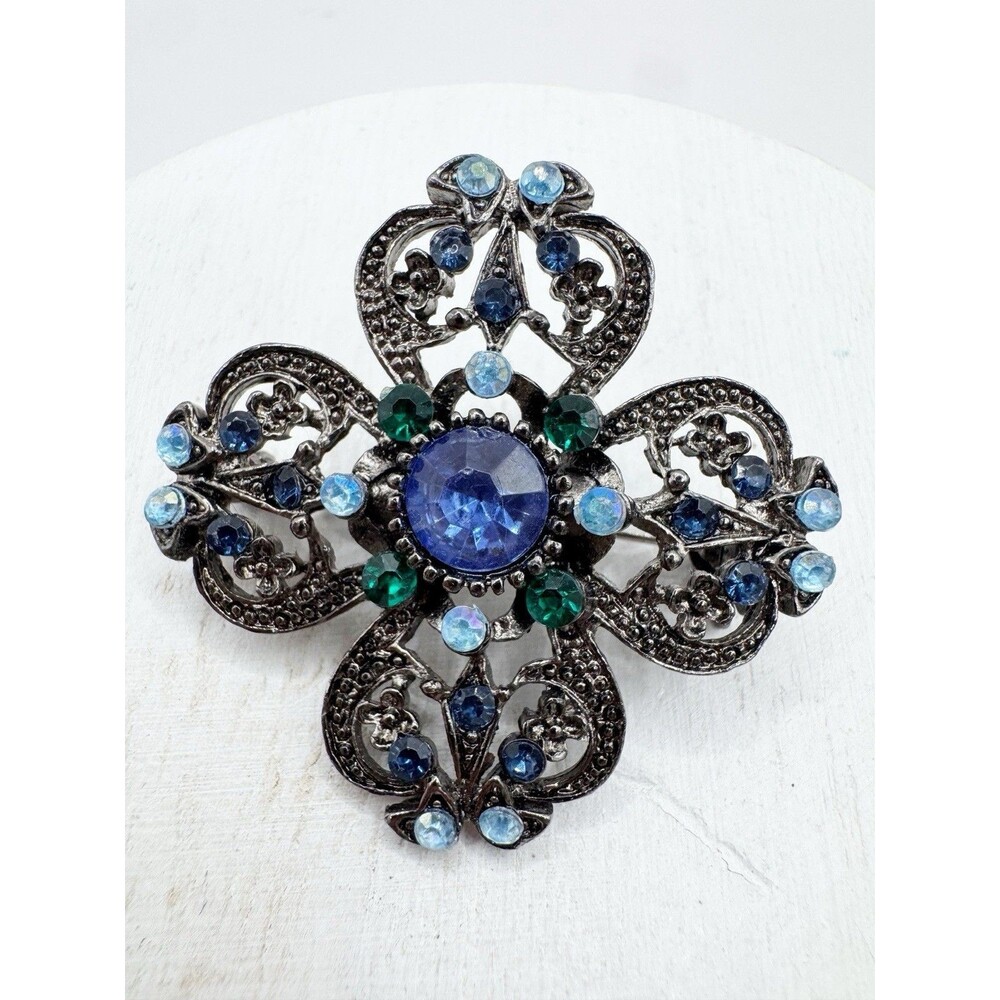 Vintage Victorian Revival Dogwood Flower Rhinestone Brooch Dark Metal Blue Green